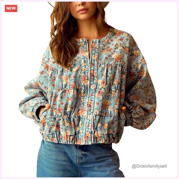 Jackets & Blazers - Oversized Denim Bomber Jacket Floral Print Boyfriend Fit Women's Casual